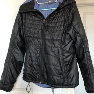REI black jacket with hood, down alternative.